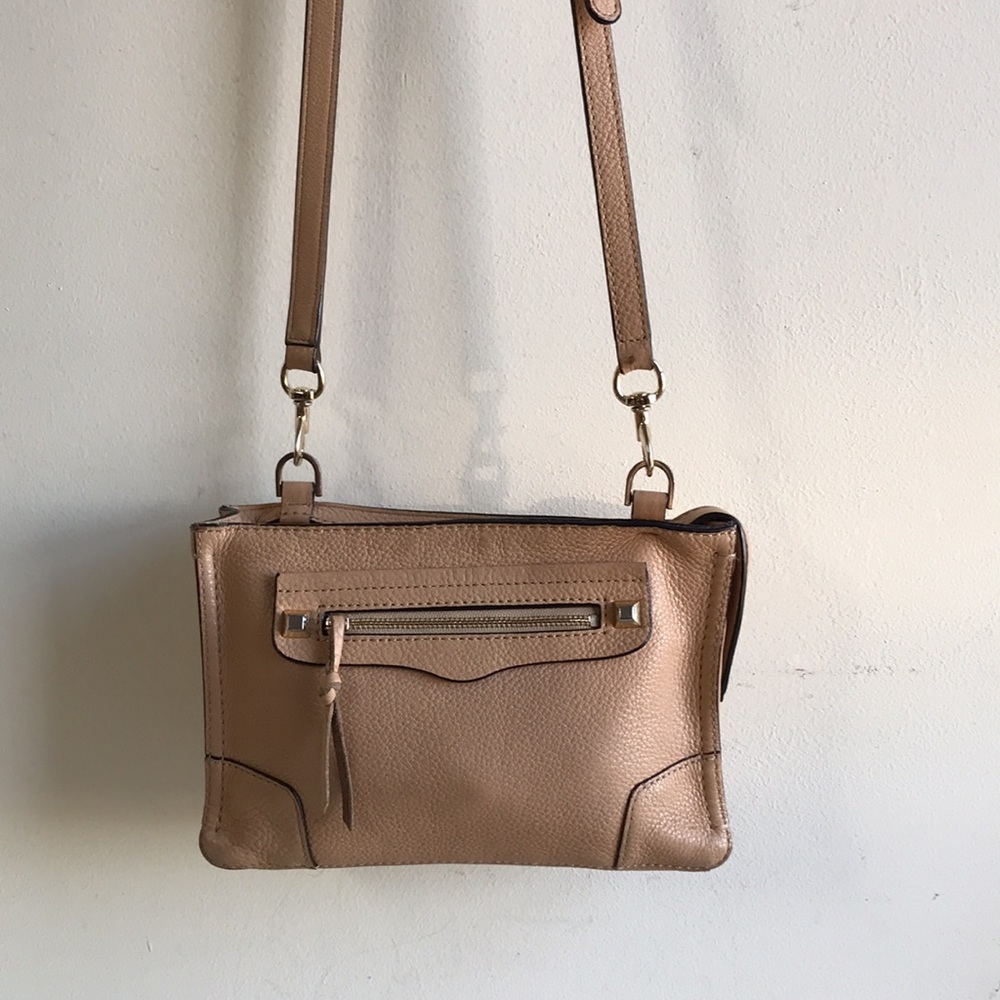 Rebecca Minkoff small crossbody bag tan leather zip close exterior pocket